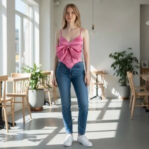 On Twelfth Pink Satin Oversized Bow Crop Top‎ Rhinestone Trim Small (68)